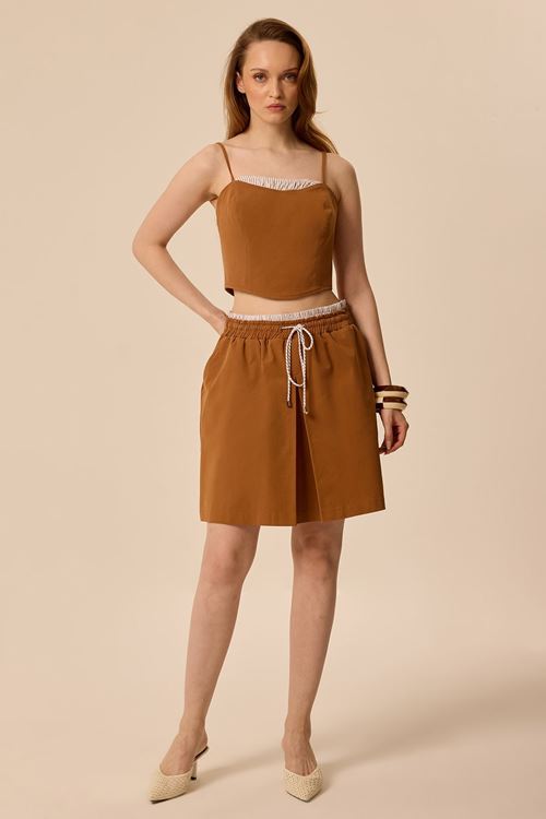 Gabardin Mini Etek Taba