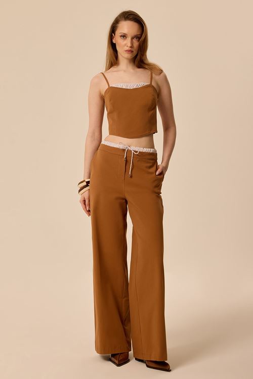 Çizgi Mixli Gabardin Pantolon Taba