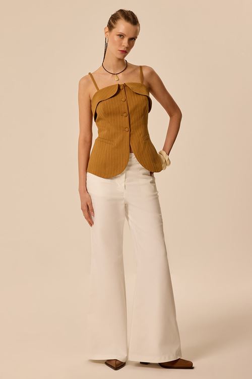 Çizgili Straplez Büstiyer Taba