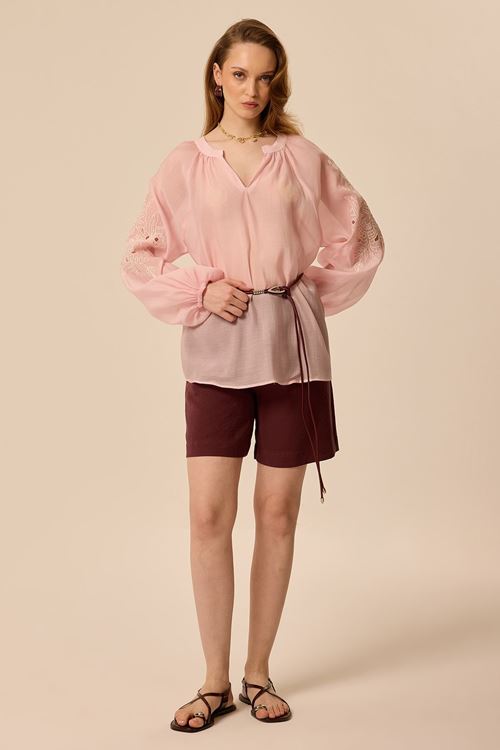 Kol Nakışlı Bluz Pembe