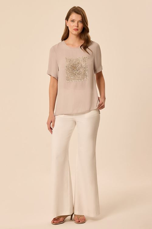 File Nakışlı Bluz Vizon