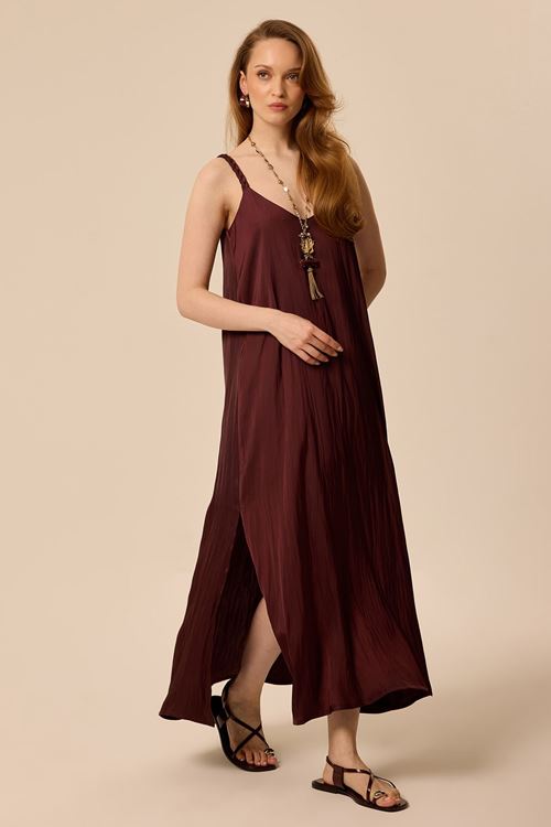 Örgü Askılı Saten Elbise Bordo