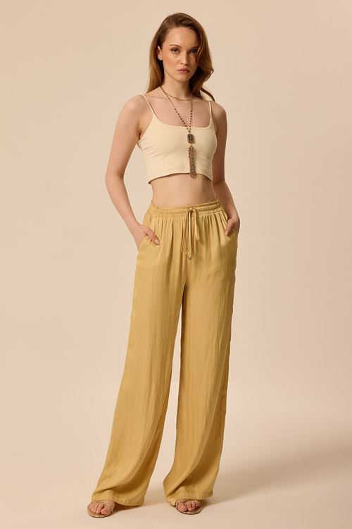 Kraşlı Saten Pantolon Altın