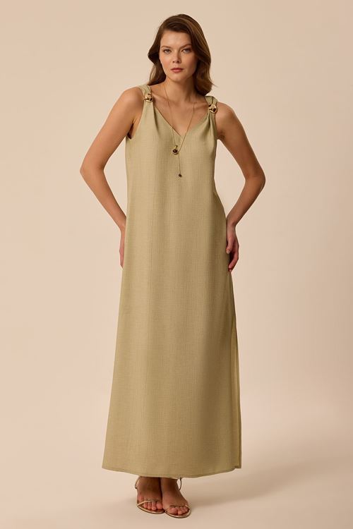 Omuzları Tokalı Maxi Elbise Olive