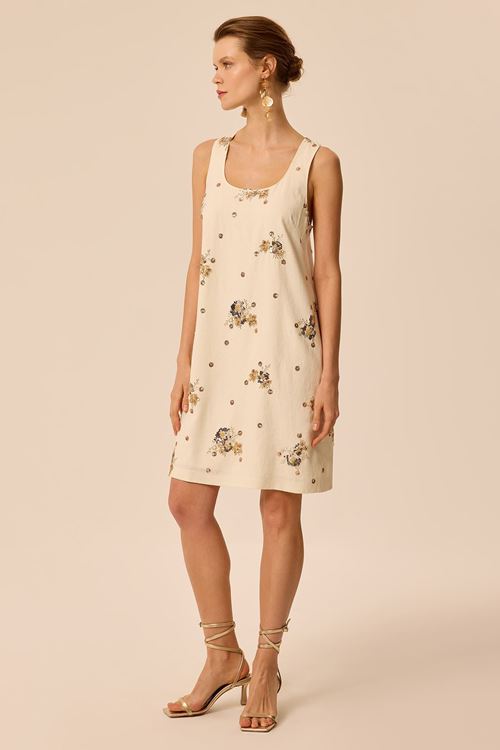 Boncuk Nakışlı Elbise Krem