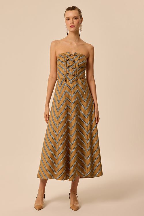 Çizgili Verev Elbise Taba