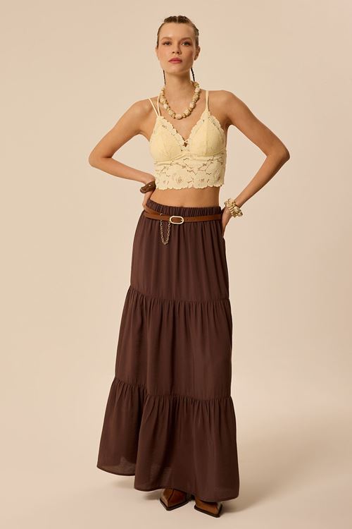 Kat Kat Büzgülü Maxi Etek Kızıl Kahve