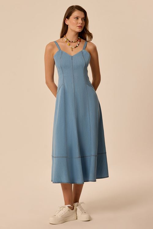 Yıkamalı Kuplu Elbise Mavi