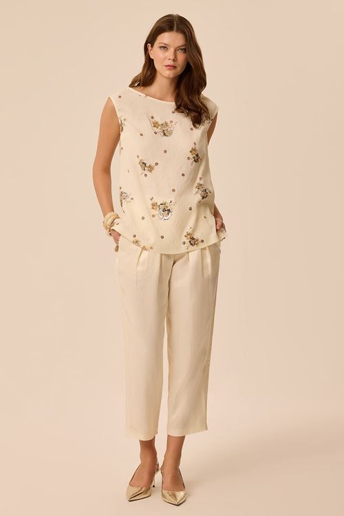 Boncuk Nakışlı Bluz Krem