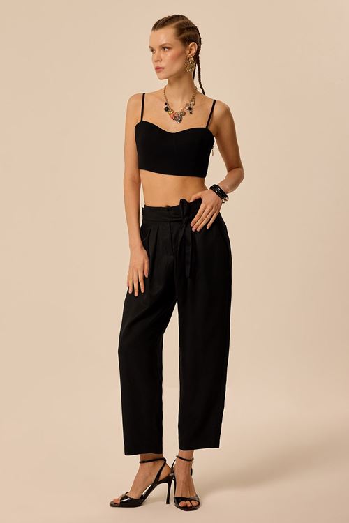 Kuşaklı Pileli Pantolon Siyah