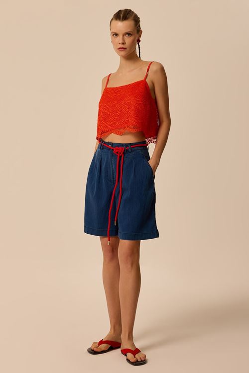 Pileli Denim Şort Lacivert