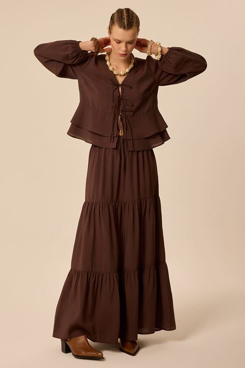 Balon Kol Volanlı Bluz Kızıl Kahve