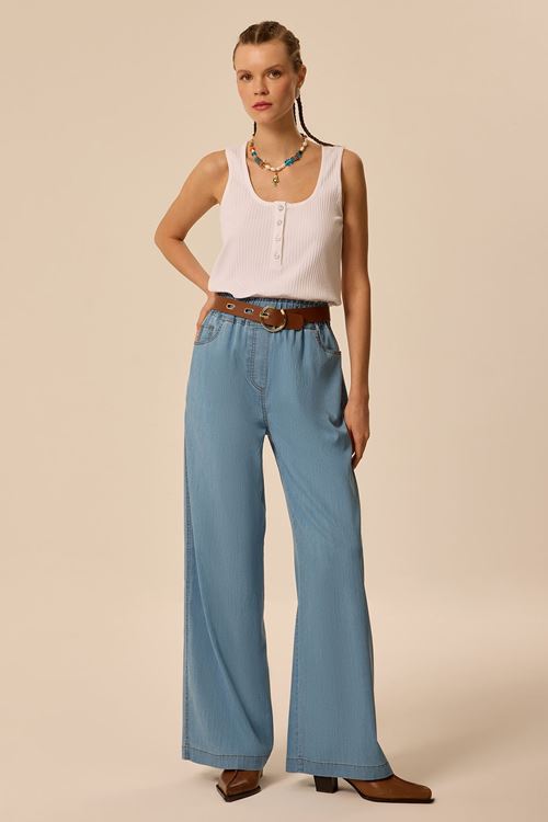 Yıkamalı Bel Elastik Pantolon Mavi