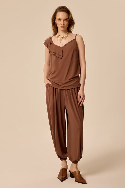 Omuz Volanlı Bluz Kahverengi