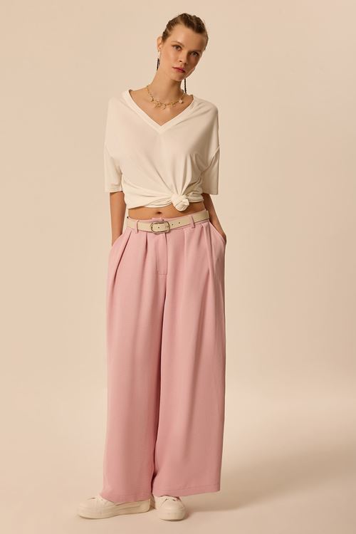 Geniş Pileli Pantolon Pudra