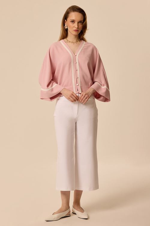 Şerit Geçişli Bluz Pembe