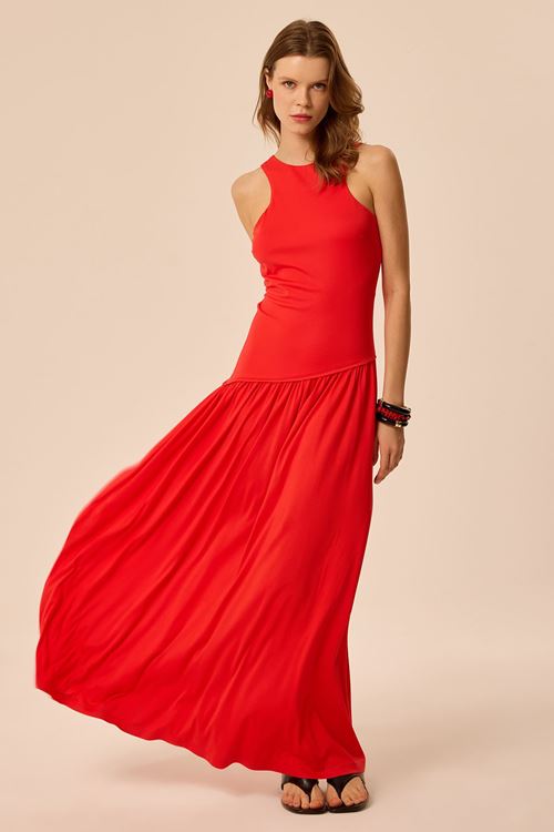 Sırt Dekolteli Örme Elbise Mercan