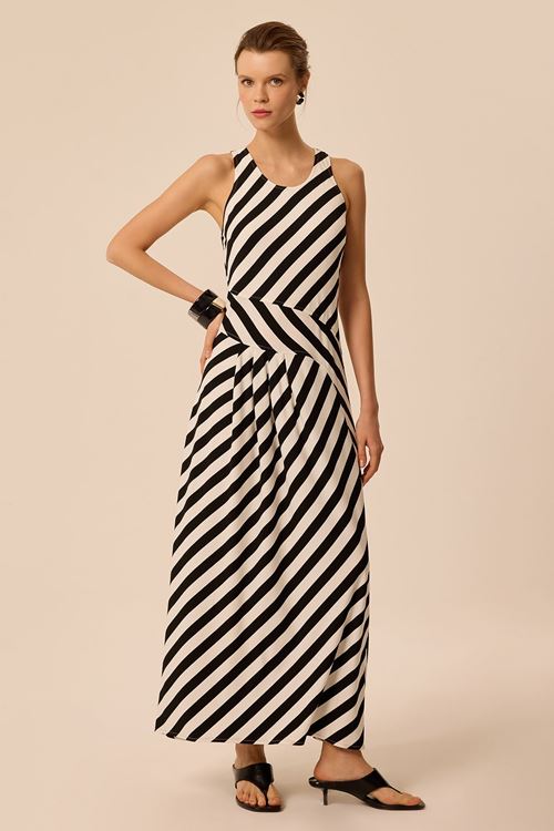 Çizgili Örme Elbise Siyah