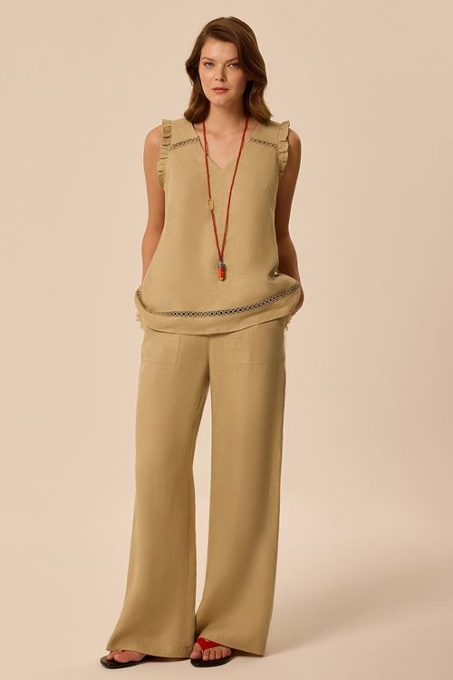 Şeritli Keten Bluz Olive