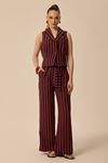 Bel Bağlamalı Çizgili Pantolon Bordo